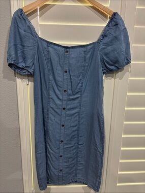 Love Tree Blue Puff-Sleeve Button-Front Mini Dress